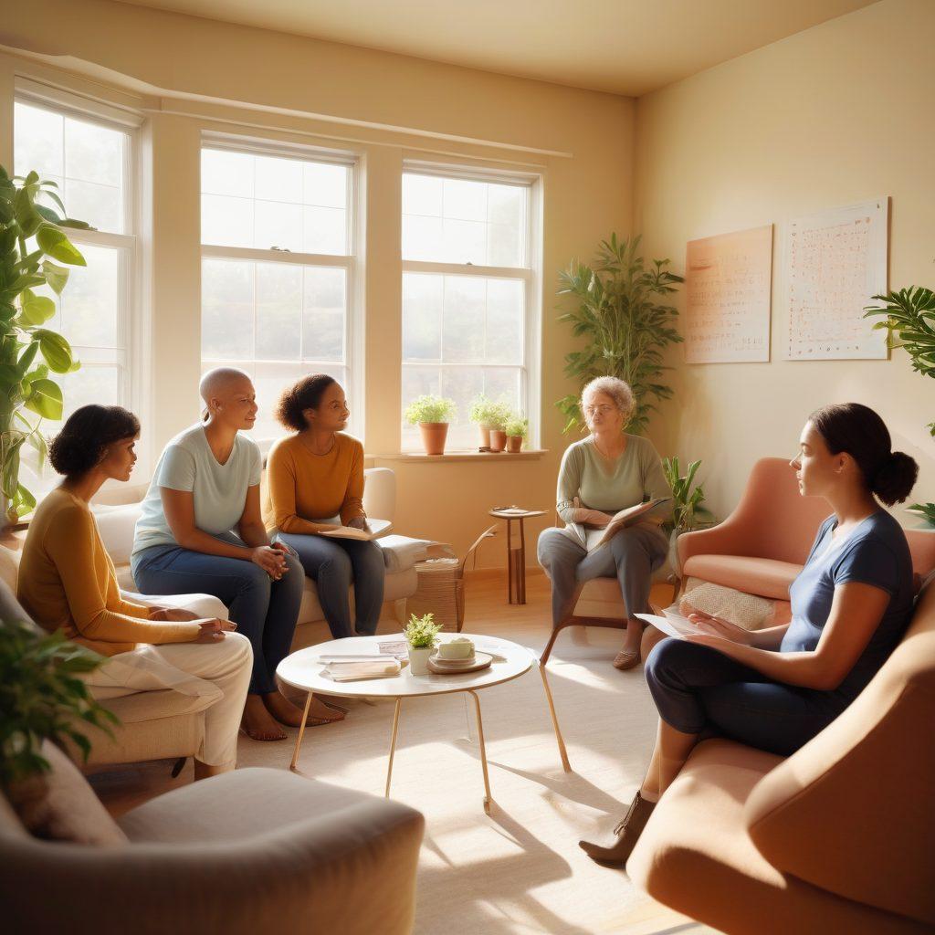 A serene scene depicting a diverse group of people gathered in a sunlit room, engaging in supportive conversations about cancer, with visual tools like diagrams and charts displayed on a table. Include comforting elements like plants, soft seating, and supportive books on a nearby shelf to convey a sense of community and hope. Emphasize warm colors and inviting ambiance. super-realistic. vibrant colors. soft focus.