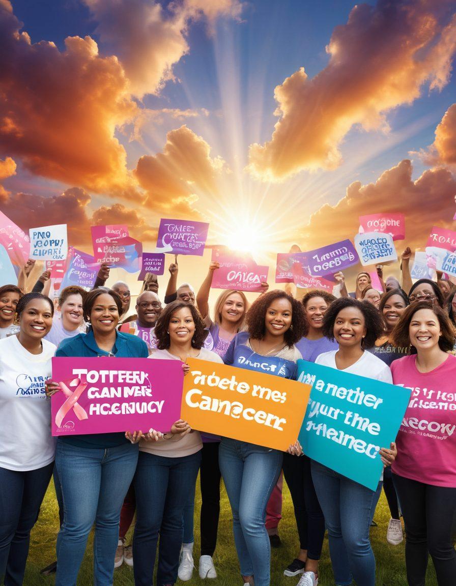 A diverse group of people, united and actively engaging in a community event, holding signs of awareness and support for cancer advocacy. In the background, a large banner displaying 'Together We Can' with vibrant colors symbolizing hope. Include elements like ribbons representing different cancers and uplifting imagery of sunlight breaking through clouds. super-realistic. vibrant colors. community focus.