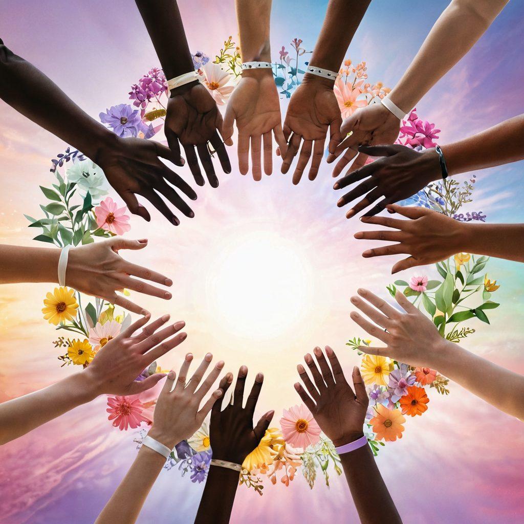 A vibrant collage representing unity and hope in the fight against cancer, featuring diverse individuals holding hands in a circle, surrounded by symbols of awareness like ribbons and flowers. The background should show a glowing sunrise, symbolizing new beginnings, with soft pastel colors to evoke a sense of calm and empowerment. super-realistic. vibrant colors. soft focus.